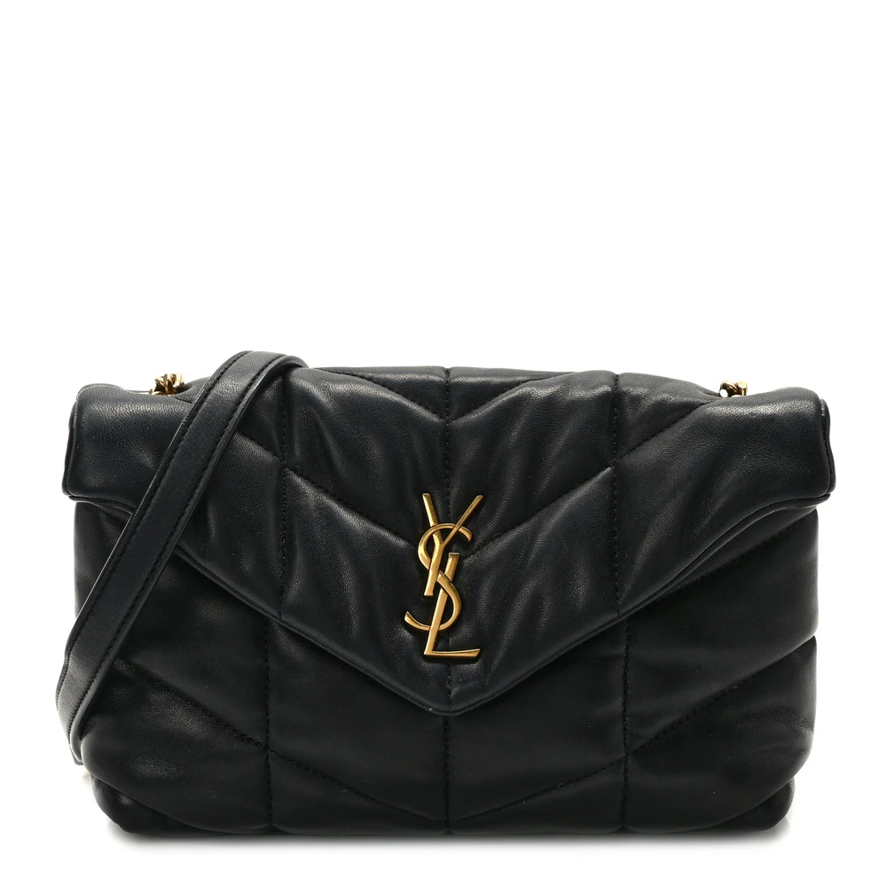 Saint Laurent Mini Loulou Chain Satchel Preto Acolchoado Puffer Monogram Couro de Cordeiro Hardware Rutênio