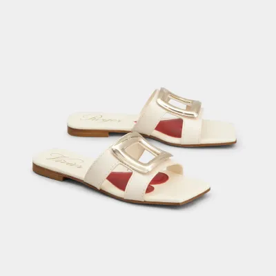 Roger Vivier Viv' By The Sea Mules Flats In White Leather With Metal Buckle