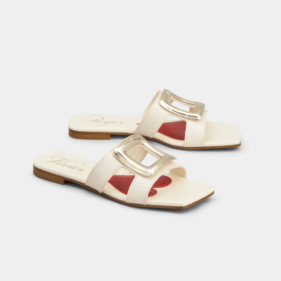 Roger Vivier Viv' By The Sea Mules Flats In White Leather With Metal Buckle