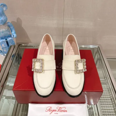 Roger Vivier Viv' Rangers Loafers In White Patent Leather With Crystal Buckle (Heel Height 5.5cm)