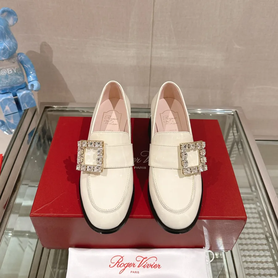 Roger Vivier Viv' Rangers Loafers In White Patent Leather With Crystal Buckle (Heel Height 5.5cm)