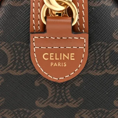 Celine Small Boston Bag Tan Triomphe Canvas & Calfskin Leather