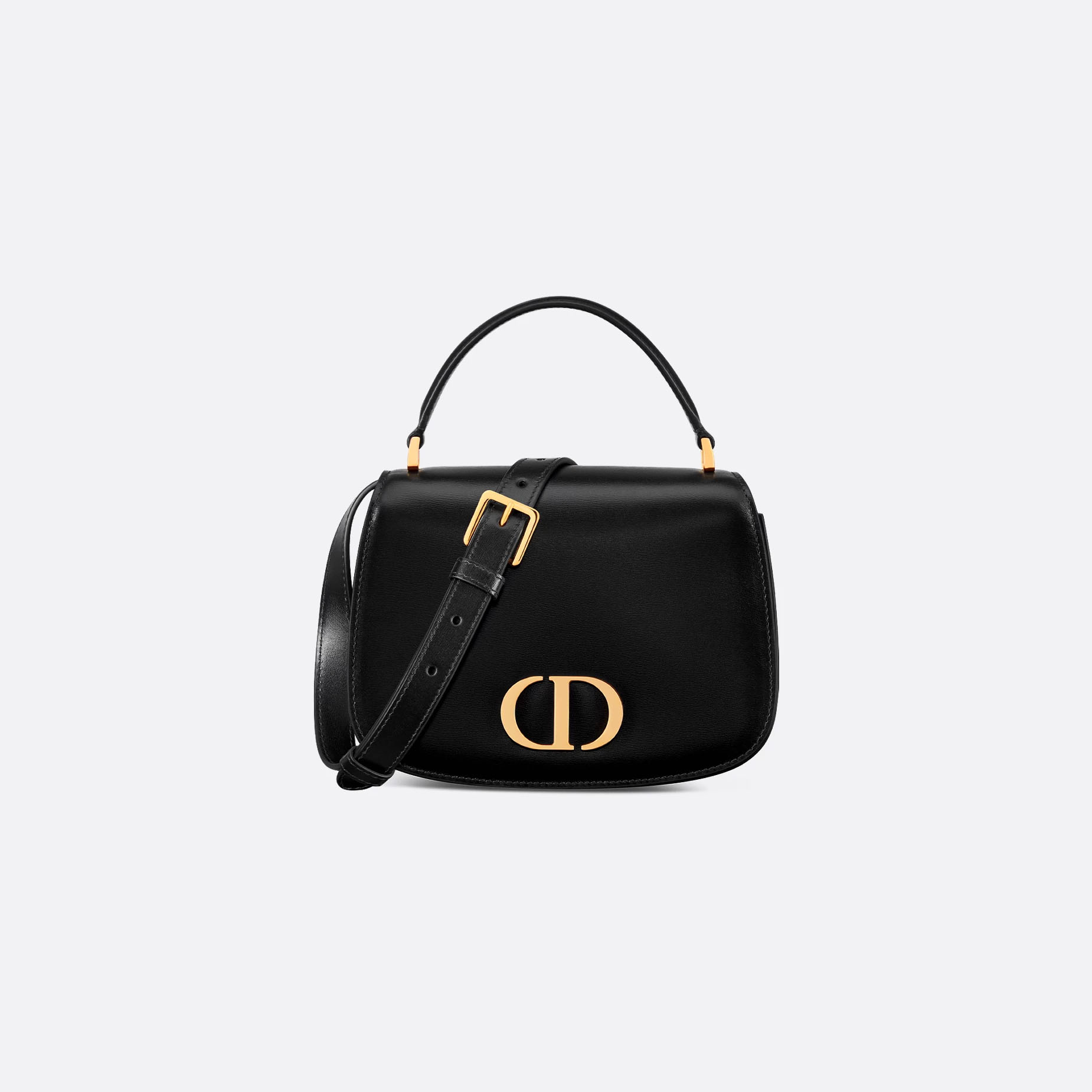 Bolsa Dior Medium 30 Montaigne Avenue com Alça Superior em Pele de Bezerro Nervurada Preta com Acabamentos Dourados