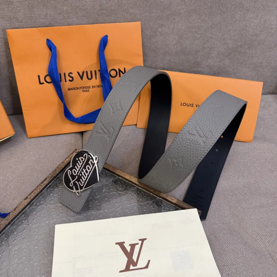 Louis Vuitton Men's Shield LV Heart Buckle Reversible Belt In Grey/Black Calfskin With Silver Hardware 40mm