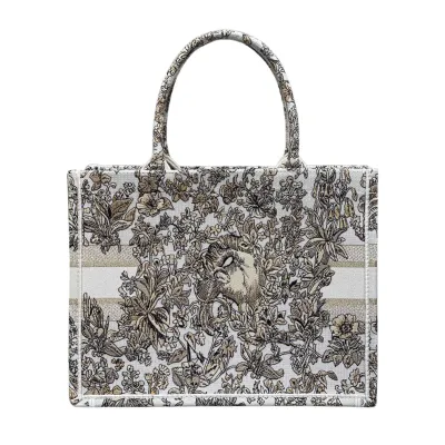 Dior Medium Book Tote White Embroidered with Metallic Thread and Gold Millefiori Unicorn Motif