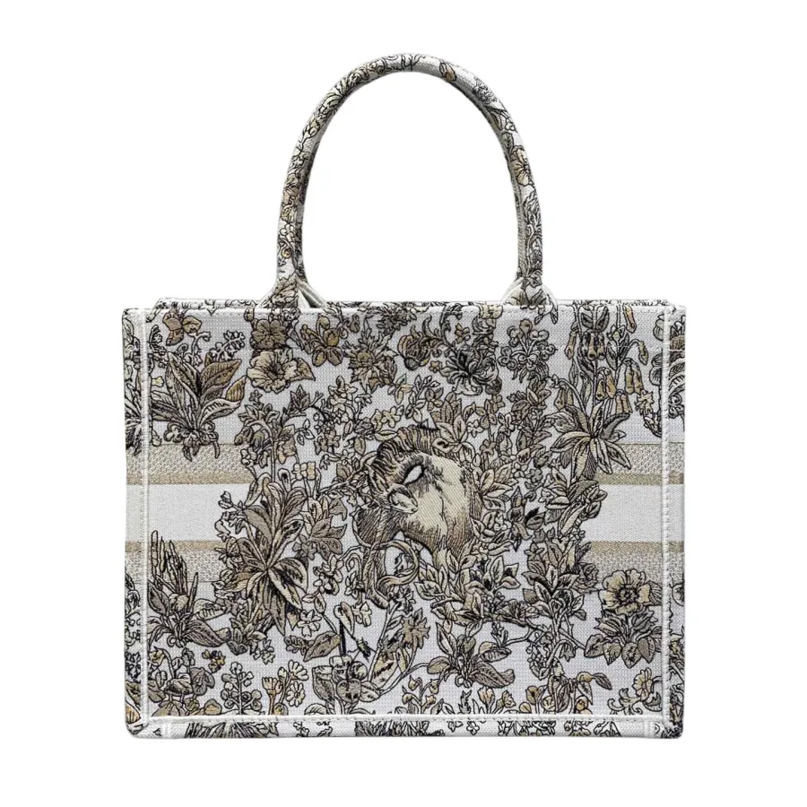 Dior Medium Book Tote White Embroidered with Metallic Thread and Gold Millefiori Unicorn Motif