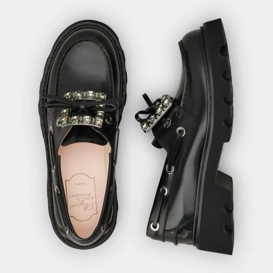 Roger Vivier Viv' Rangers Truck Boat Shoes Loafers In Black Leather With Crystal Buckle (Heel Height 4.5cm)