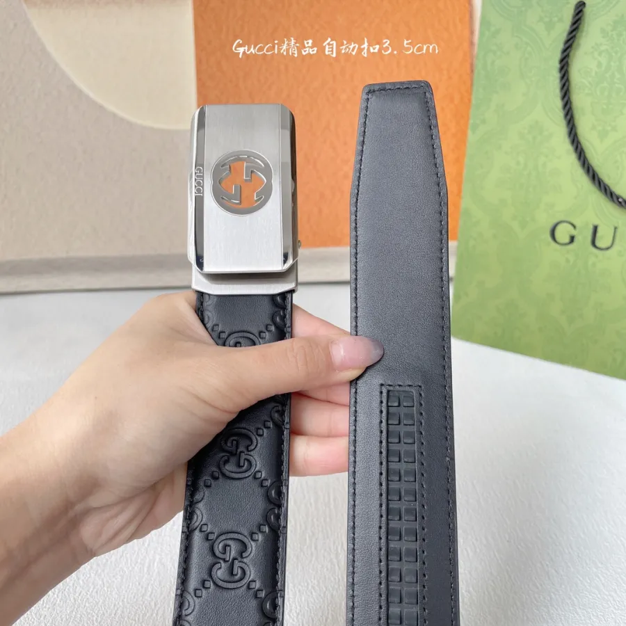 Gucci Men' s Rectangled Buckle Belt In Black/Brown Calfskin With Gold/Silver Hardware 35mm