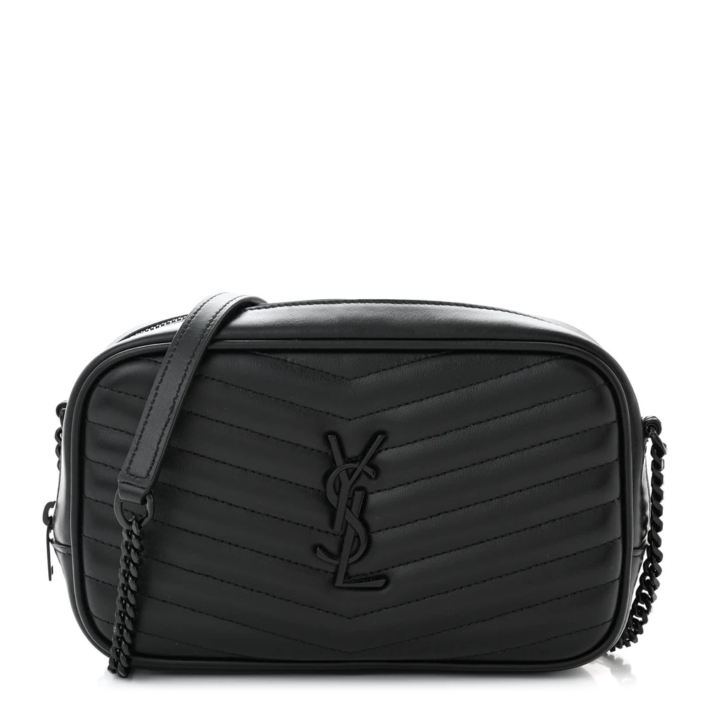 Saint Laurent Mini Lou Bolsa Câmera Preto Monocromático Monograma Couro Calfskin Matelassê Hardware Preto