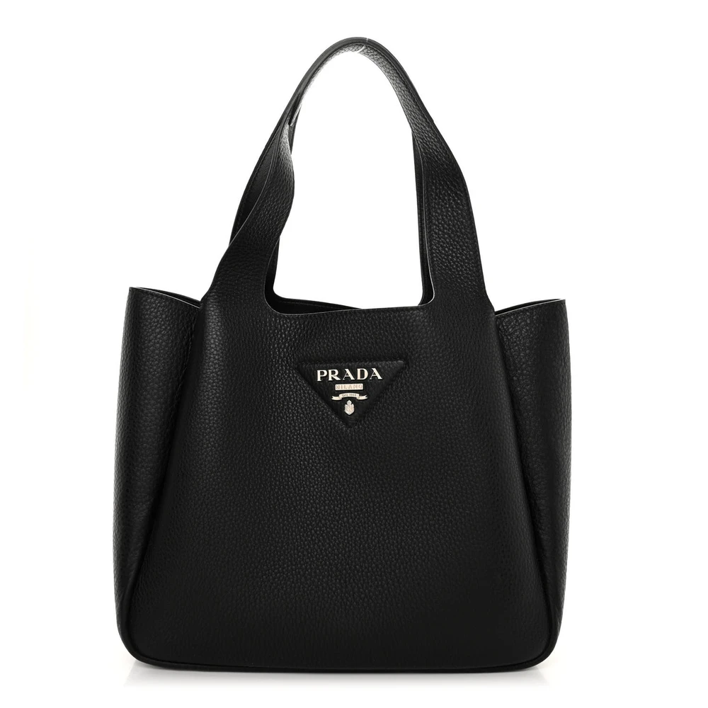 Prada Bolsa Tote Média Dynamique Preto Couro Vitello Daino