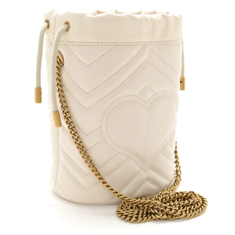 Gucci Mini GG Marmont 2.0 Bucket Bag White Calfskin Matelassé Leather Aged Gold Hardware