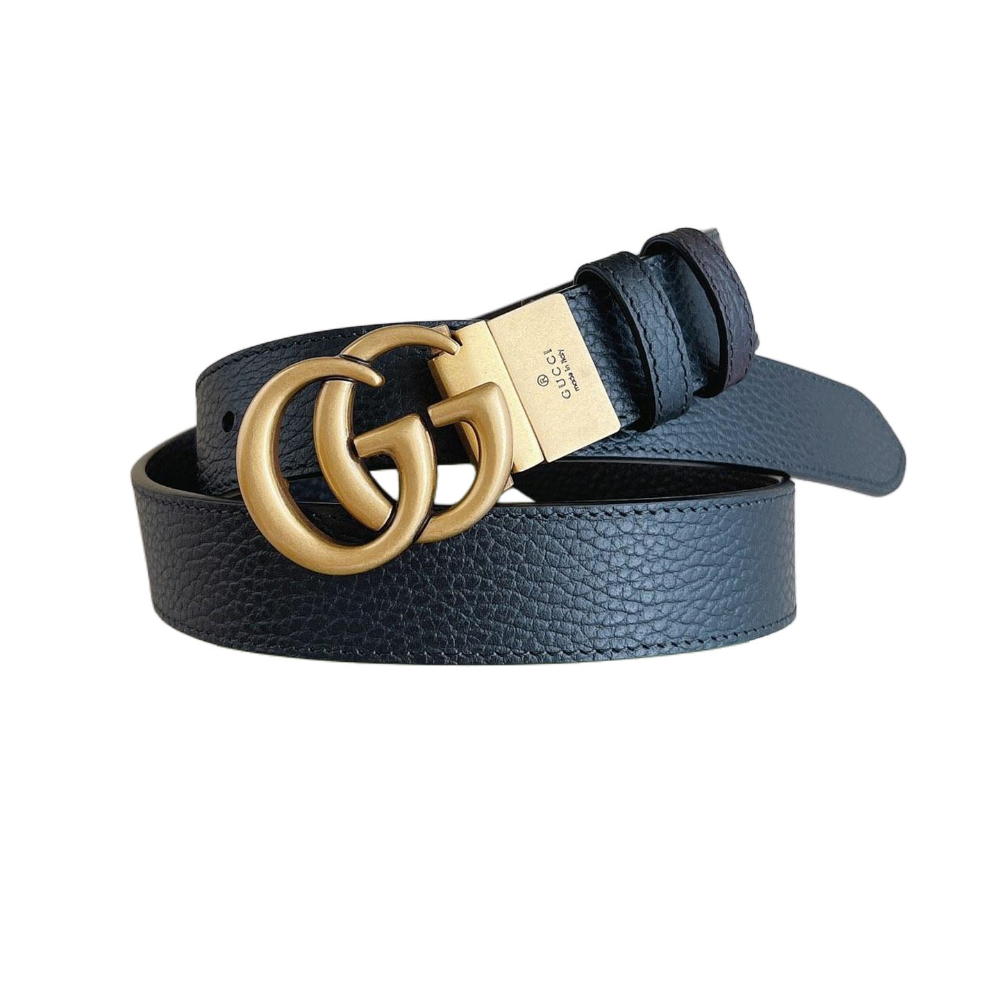 Gucci Cinto Feminino com Fivela Double G em Couro Calfskin Granulado Preto com Acabamento Dourado 30mm