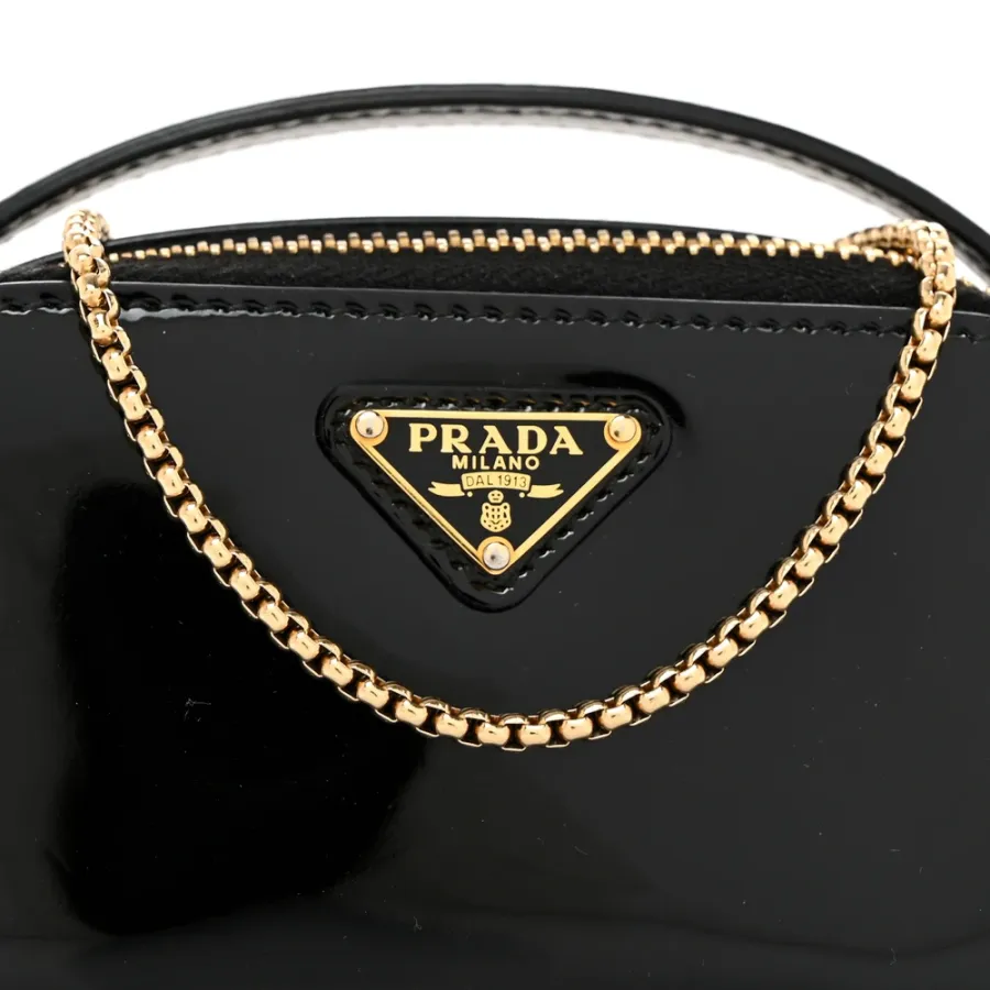 Prada Mini Metal Triangle Logo Pouch with Handle Black Vernice Leather Gold Hardware