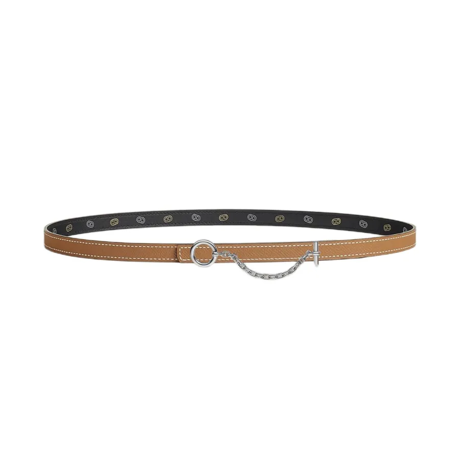 Hermès Women' s Round Chain Buckle Reversible Belt In Brown/Black Epsom Calfskin With Gold/Silver Hardware 13mm