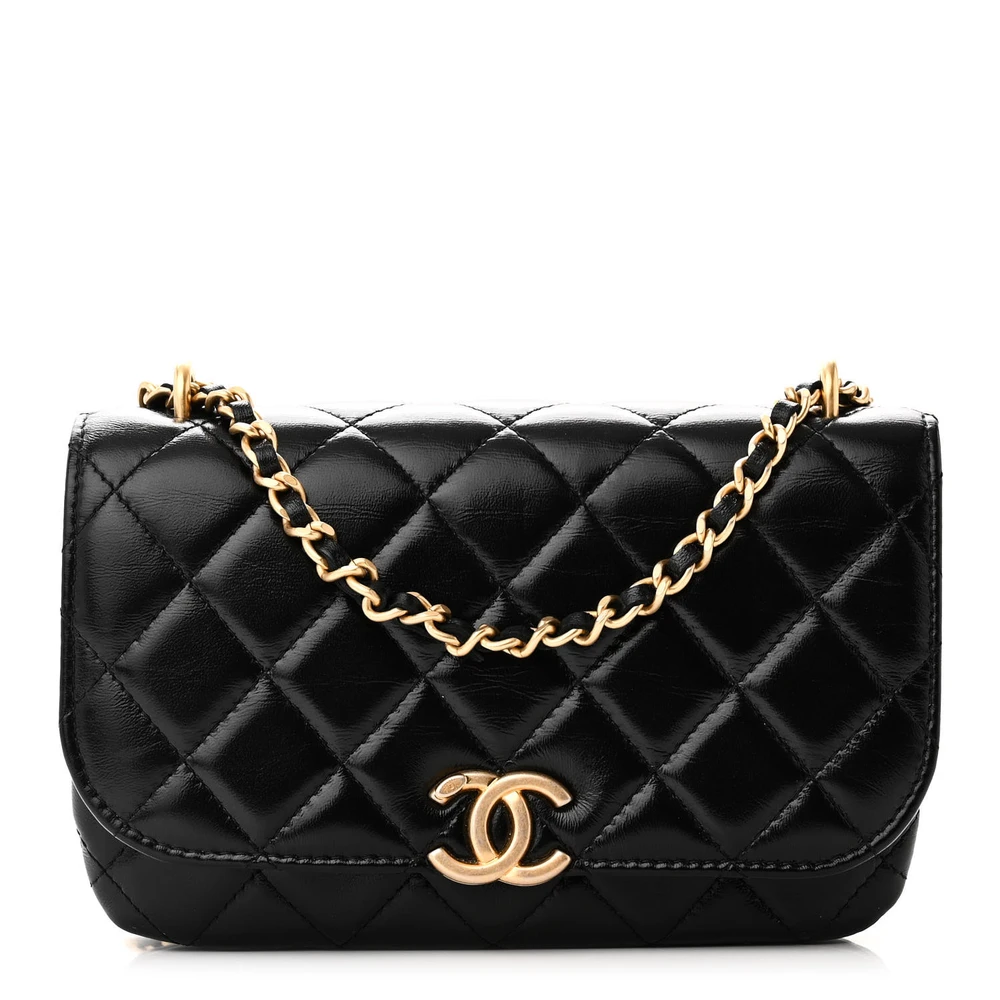 Chanel Flap Phone Holder - Pequeno em Couro de Cordeiro Acolchoado Preto