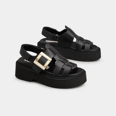 Roger Vivier Viv' Rangers Sandals In Black Leather With Metal Buckle
