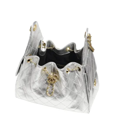 Chanel Silver Quilted Grained Leather Shoulder Bags