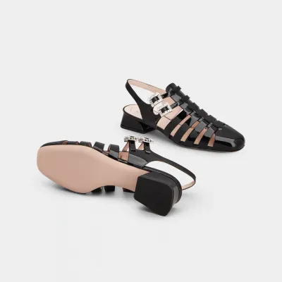 Roger Vivier Très Vivier Sandals In Black Patent Leather With Crystal Buckle (Heel Height 4.5cm)