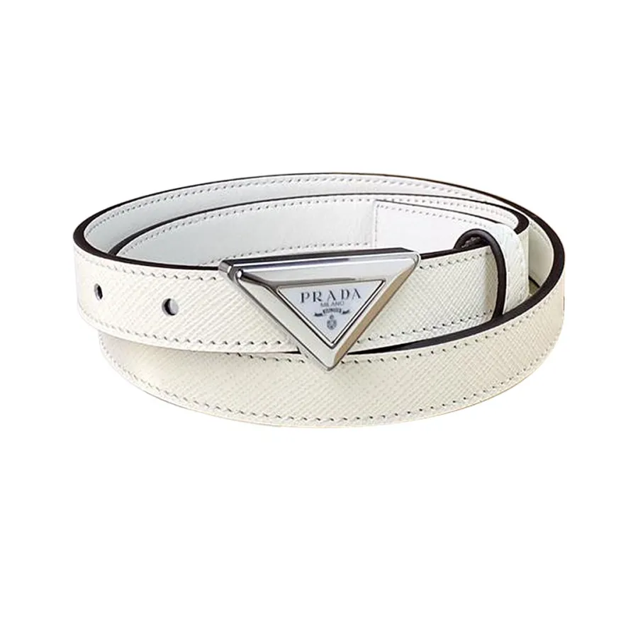Prada Women' s Triangled Buckle Belt In Brown/Pink/White Calfskin With Gold/Silver Hardware 20mm