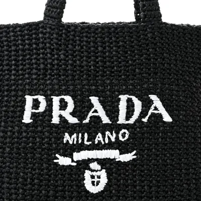 Prada Large Effect Crochet Logo Tote Bag Black Yarn Raffia