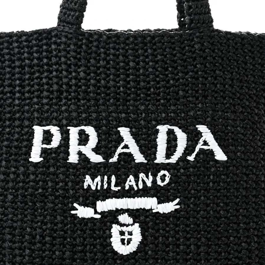 Prada Large Effect Crochet Logo Tote Bag Black Yarn Raffia