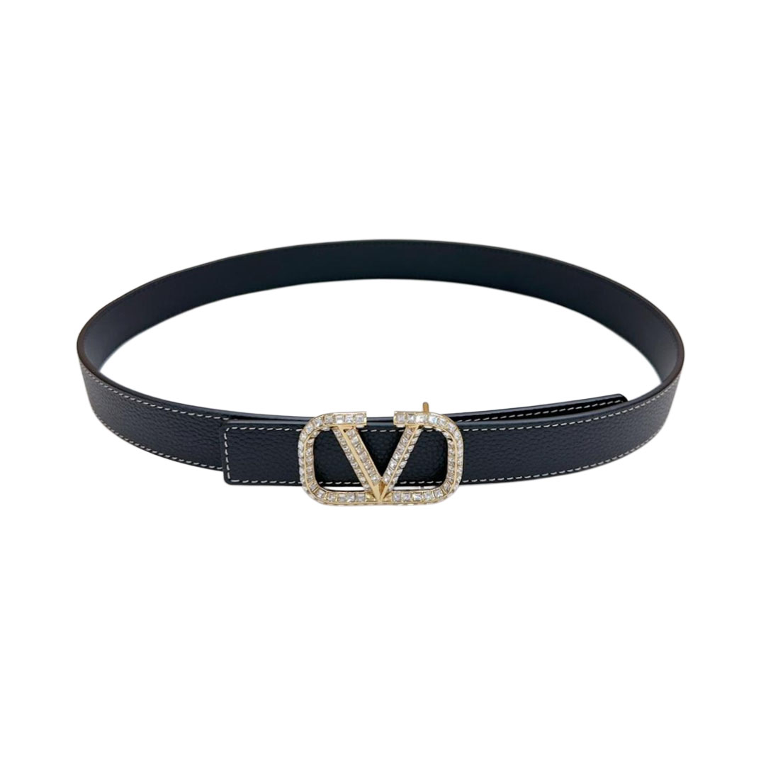 Valentino V Buckle Com Cristais Cinto Em Couro Bezerro Preto/Azul/Rosa/Marrom/Branco Com Acabamento Dourado 30mm