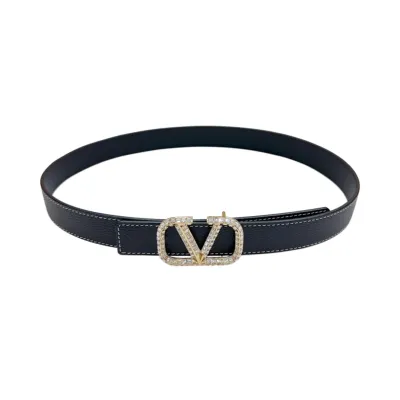 Valentino V Buckle With Crystal Belt In Black/Blue/Pink/Brown/White Calfskin With Gold Hardware 30mm