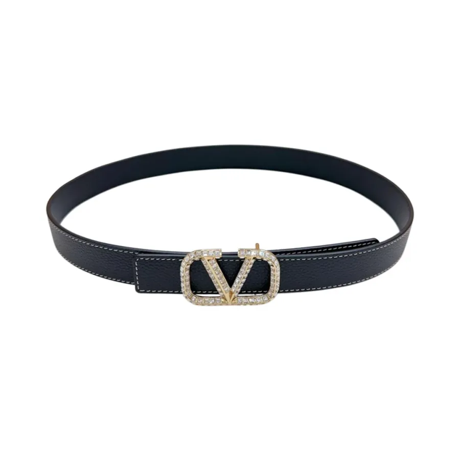 Valentino V Buckle With Crystal Belt In Black/Blue/Pink/Brown/White Calfskin With Gold Hardware 30mm