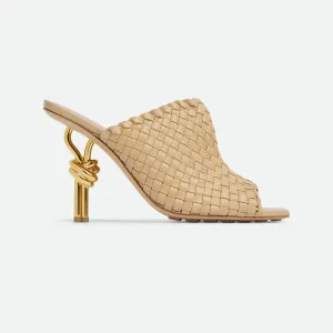 Bottega Veneta Knot Mule In Beige Intrecciato Leather Mule With Gold Finished Metal Knot Heel (Heel Height 9cm)