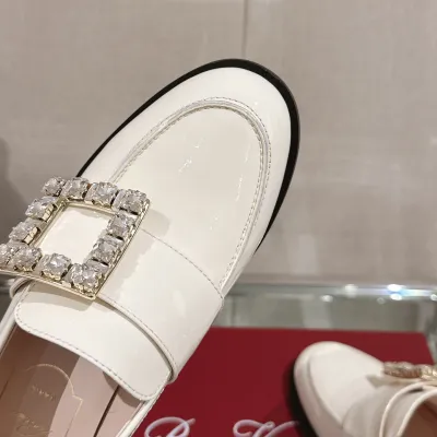 Roger Vivier Viv' Rangers Loafers In White Patent Leather With Crystal Buckle (Heel Height 5.5cm)
