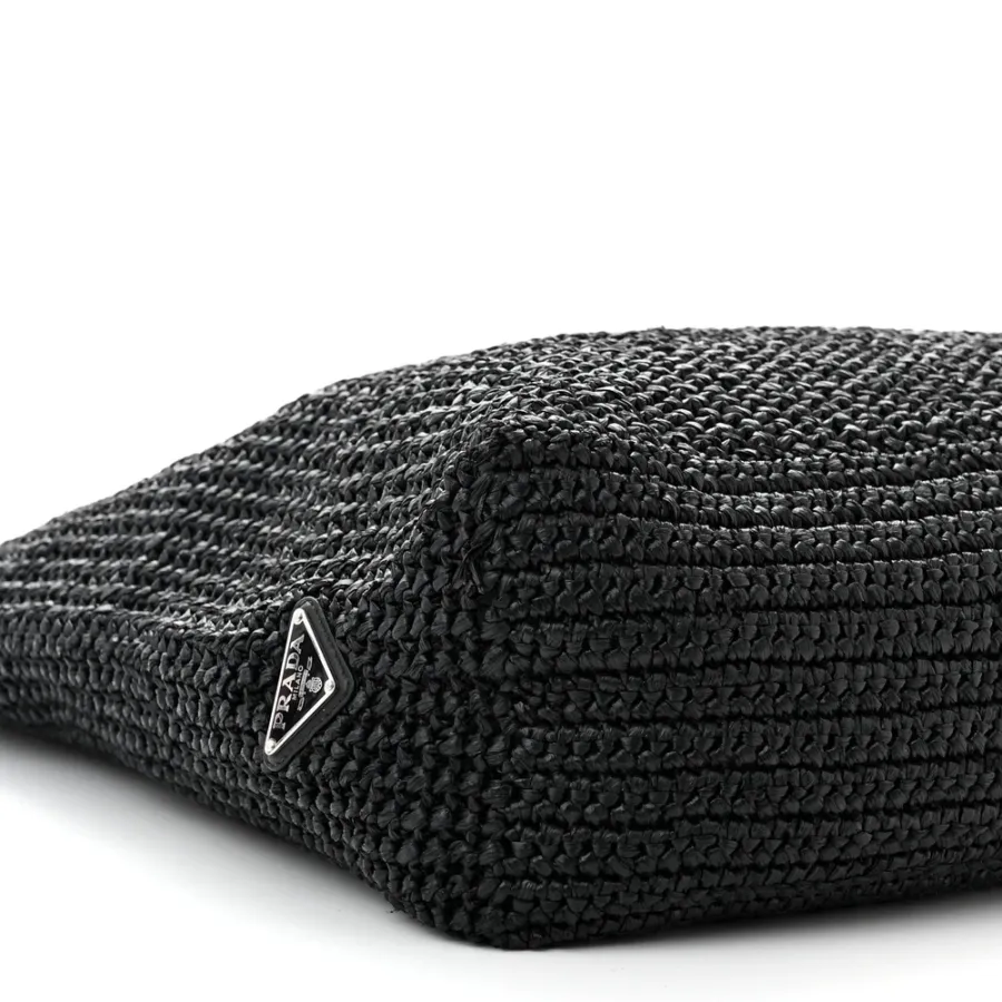 Prada Large Effect Crochet Logo Tote Bag Black Yarn Raffia