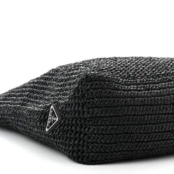 Prada Large Effect Crochet Logo Tote Bag Black Yarn Raffia - Image 4