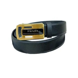 Prada Men' s Square Buckle Belt In Black Calfskin With Gold/Silver Hardware 35mm