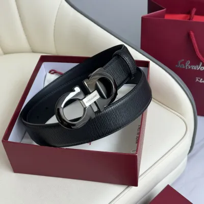 Ferragamo Men's Double Gancini Buckle Reversible Belt In Black Calfskin With Gold/Silver/Black Hardware 35mm