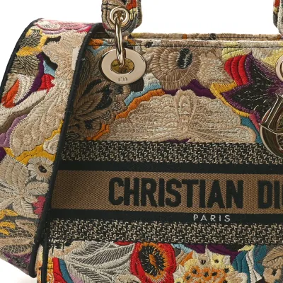 Dior Medium Lady D-Lite Beige/Black/Multicolor Floral Embroidered Canvas Gold Hardware