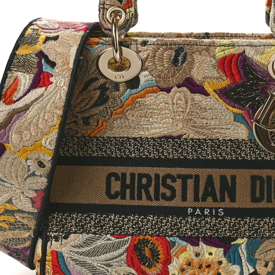 Dior Medium Lady D-Lite Beige/Black/Multicolor Floral Embroidered Canvas Gold Hardware
