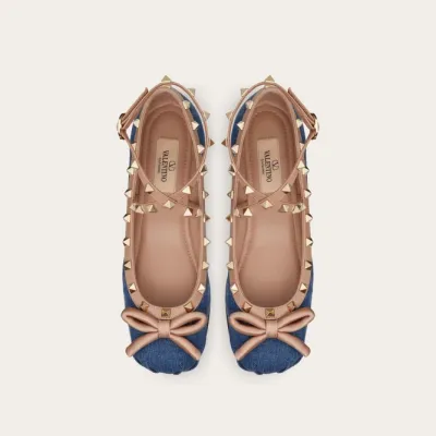 VALENTINO Rivet satin blue ballet flats shoes