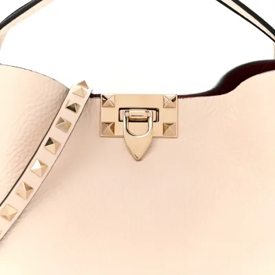 Valentino Garavani Small Rockstud Flip Lock Tote Bag Light Ivory/Rubino Grained Calfskin Leather Gold Hardware