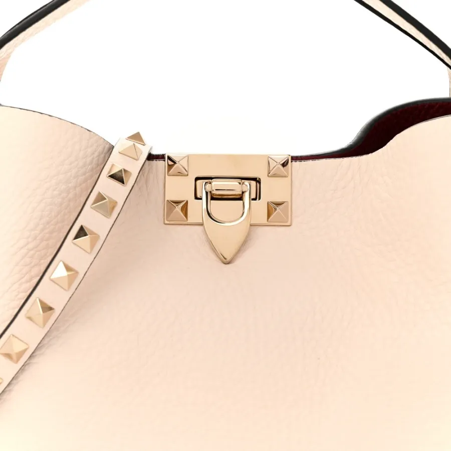 Valentino Garavani Small Rockstud Flip Lock Tote Bag Light Ivory/Rubino Grained Calfskin Leather Gold Hardware