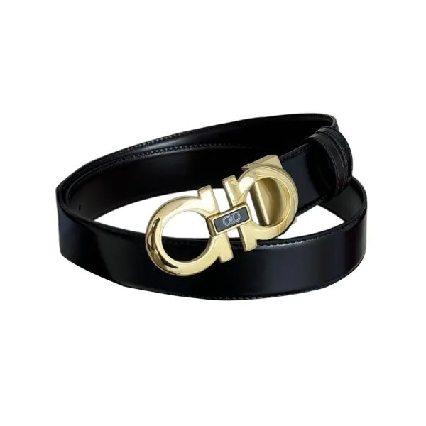 Ferragamo Men's Double Gancini Buckle Belt In Black Calfskin With Gold/Gun Black Hardware 35mm - Image 3