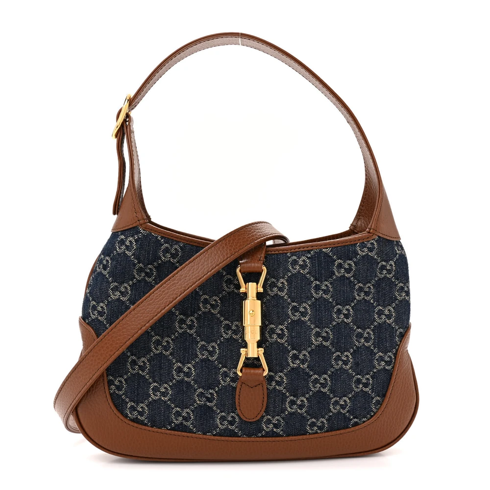 Gucci Jackie 1961 Hobo Azul Chá / Couro GG Monograma Denim Novo & Couro Bezerro Hardware Dourado