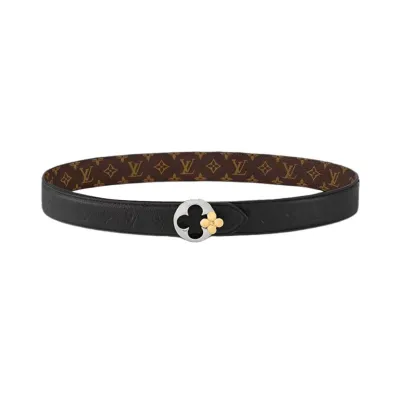 Louis Vuitton Women's Flowergram Round Buckle Reversible Belt In Black/White/Brown Calfskin And Monogram Canvas With Gold/Silver Hardware 30mm