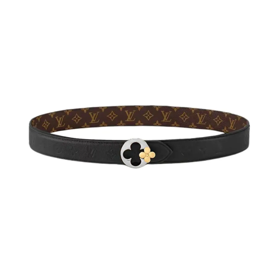 Louis Vuitton Women's Flowergram Round Buckle Reversible Belt In Black/White/Brown Calfskin And Monogram Canvas With Gold/Silver Hardware 30mm