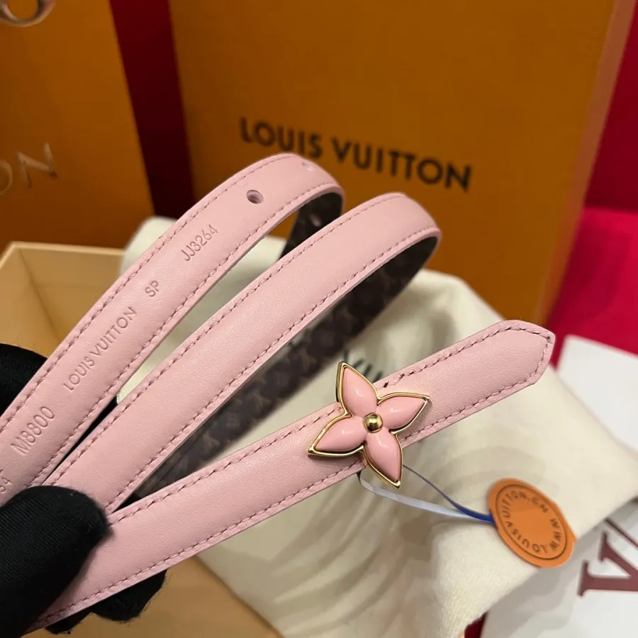Louis Vuitton Women's Mini Flowergram Reversible Belt In Pink Calfskin And Monogram Canvas With Gold/Silver/Pink/Black Hardware 15mm