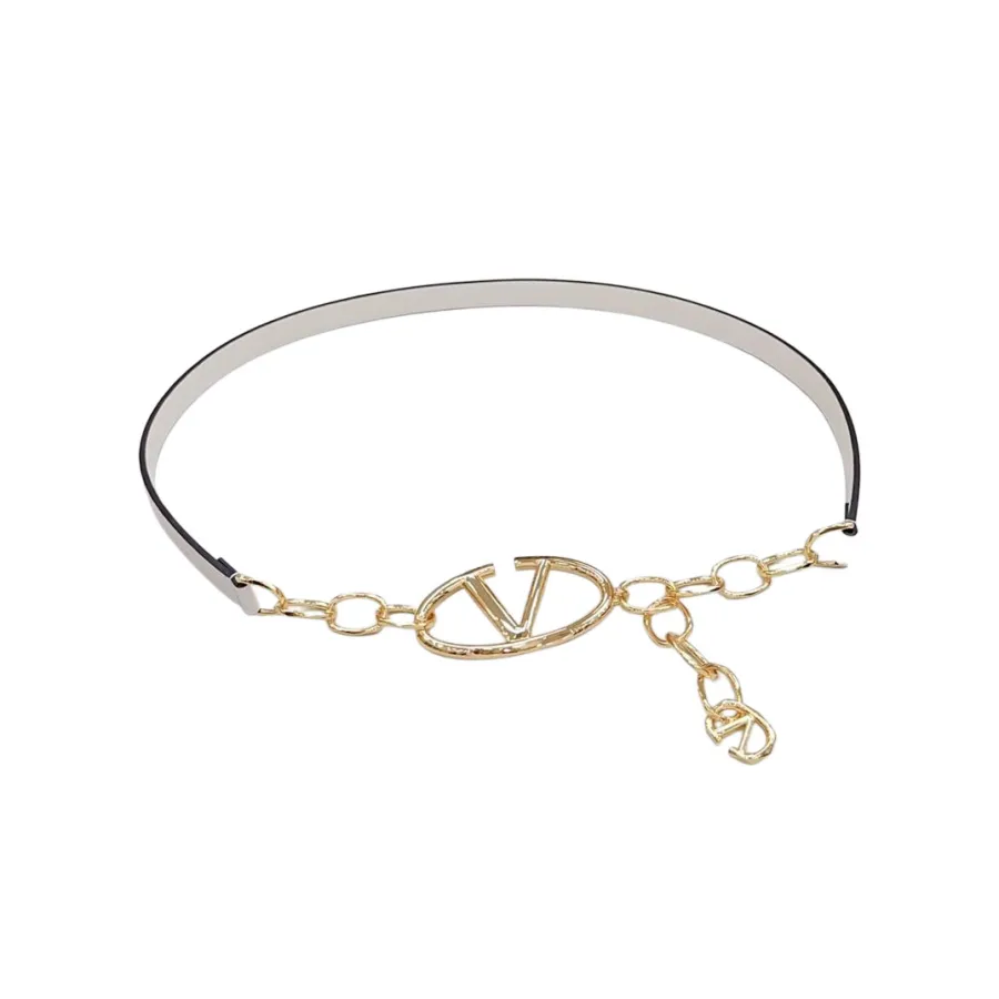 Valentino V Buckle Chain Belt In Black/White/Nude Calfskin With Gold Hardware