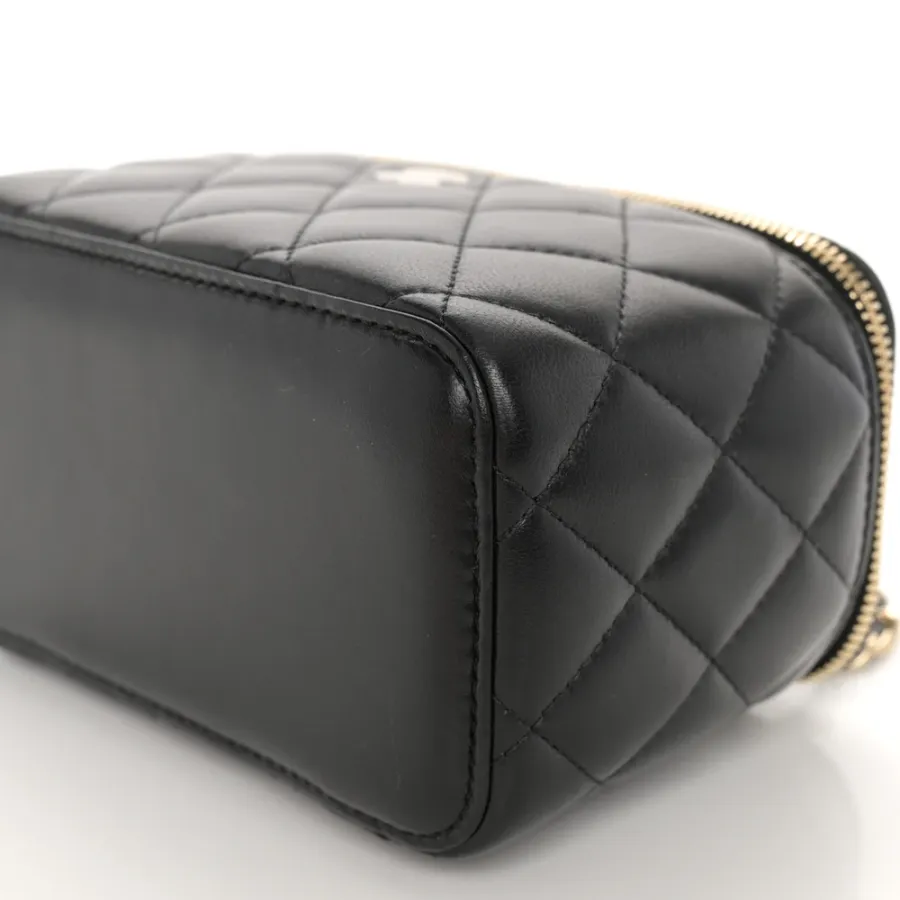 Chanel Vanity Case With Chain Small Black Quilted Lambskin Leather Light Gold Hardware