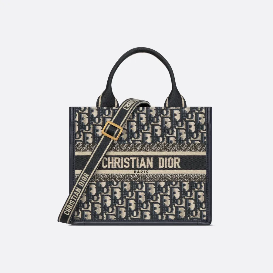 Dior Small Dior Book Tote In Blue Dior Oblique Embroidery Canvas and Calfskin Gold Hardware