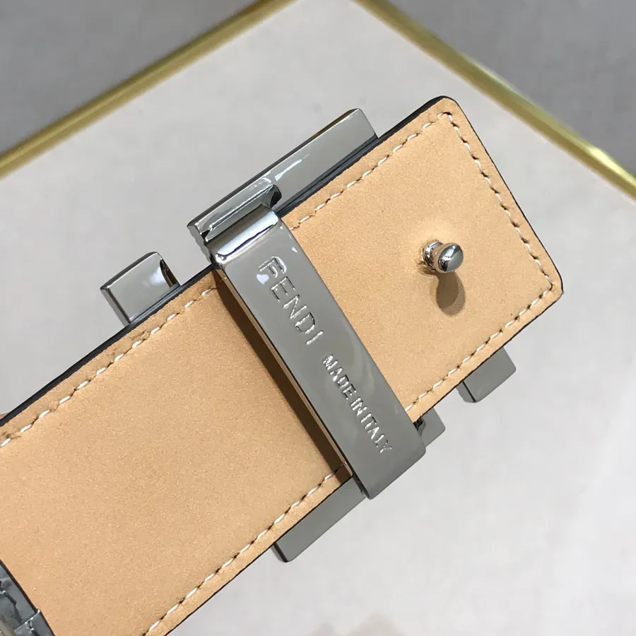 Fendi Men's FF Buckle Belt In Blue/Grey Crocodile-Embossed Leather With Gold/Silver Hardware 40mm