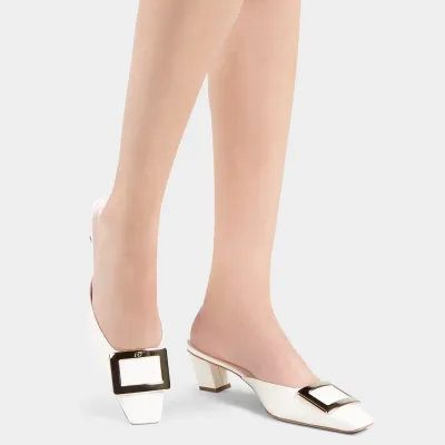 Roger Vivier Belle Vivier Mules Sandals In White Patent Leather With Metal Buckle (Heel Height 4.5cm)