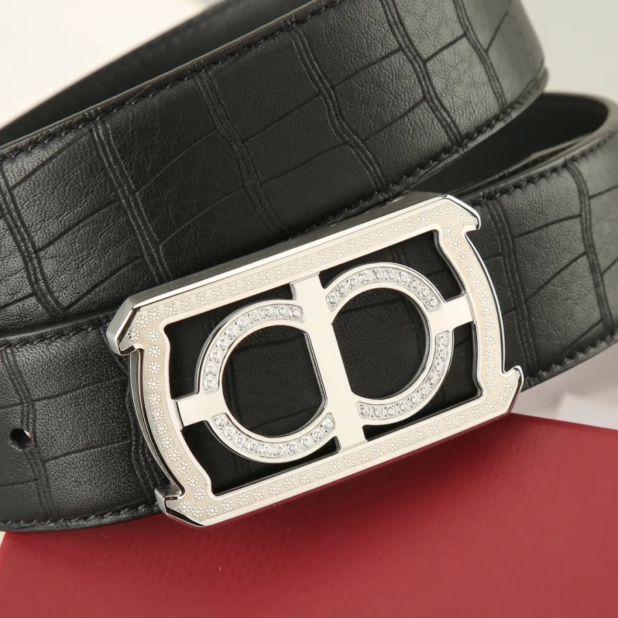 Ferragamo Men's Square Buckle With Crystal Belt In Black Crocodile-Embossed Calfskin With Gold/Silver Hardware 38mm